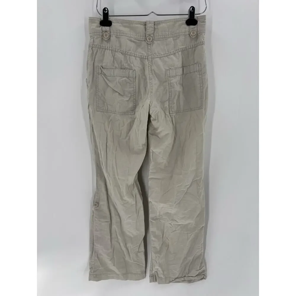 H&M Pants Womens 6 Beige Linen Cotton Pockets Straight Leg Comfort Mid Rise